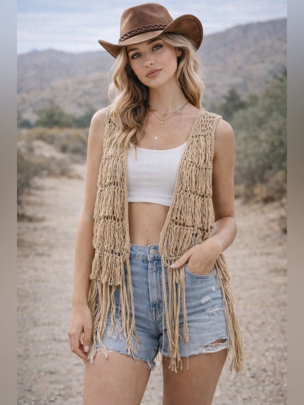 Umgee Boho Fringe Crochet Open Knit Vest | Size L
